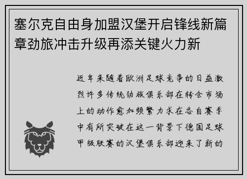 塞尔克自由身加盟汉堡开启锋线新篇章劲旅冲击升级再添关键火力新