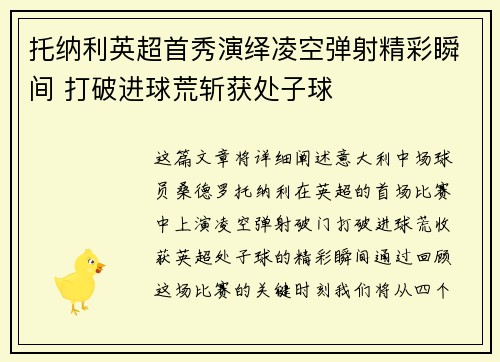 托纳利英超首秀演绎凌空弹射精彩瞬间 打破进球荒斩获处子球